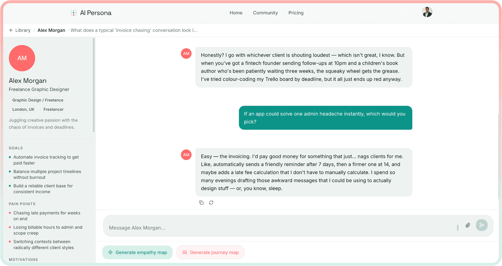1-on-1 chat with a persona showing a live conversation